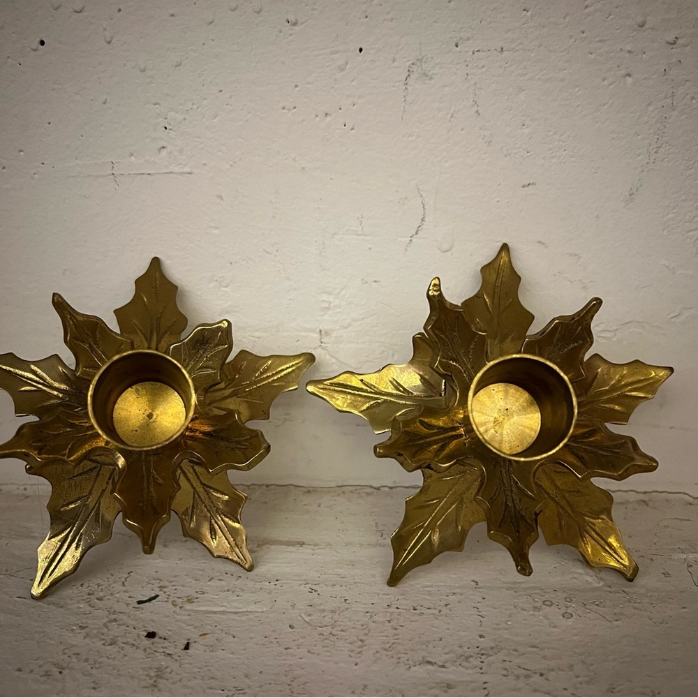 2 Vtg Solid Brass Holly Leaf Taper Candle Holders by GATCO India Boho Holiday